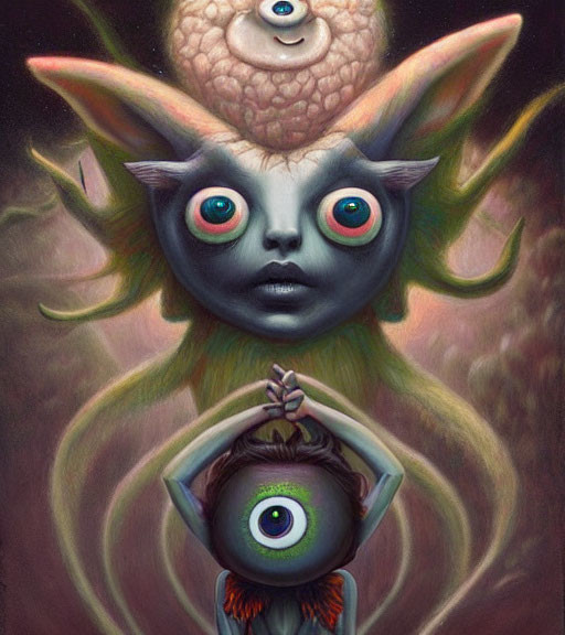 Surreal painting featuring fantasy creatures with large eyes in mystical setting