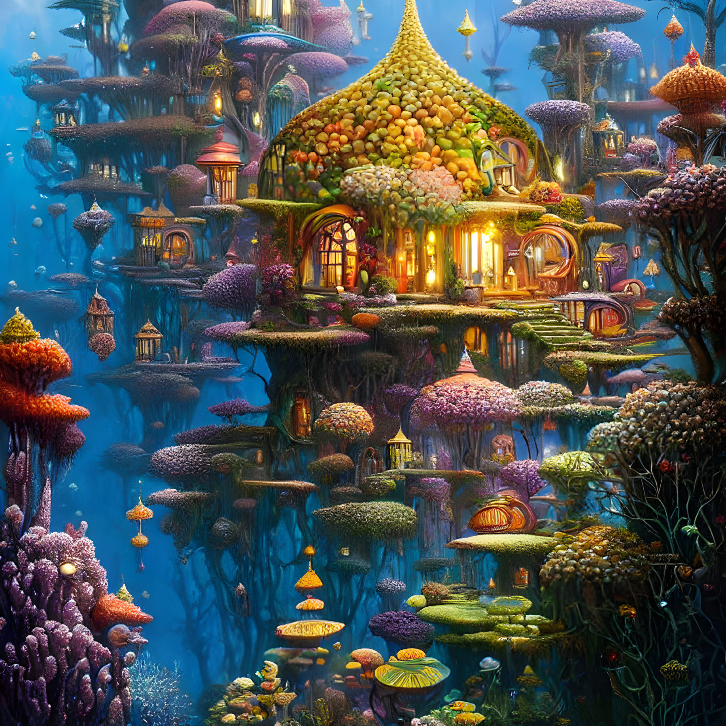 Underwater scene with illuminated house, coral-like mushrooms, and floating islands
