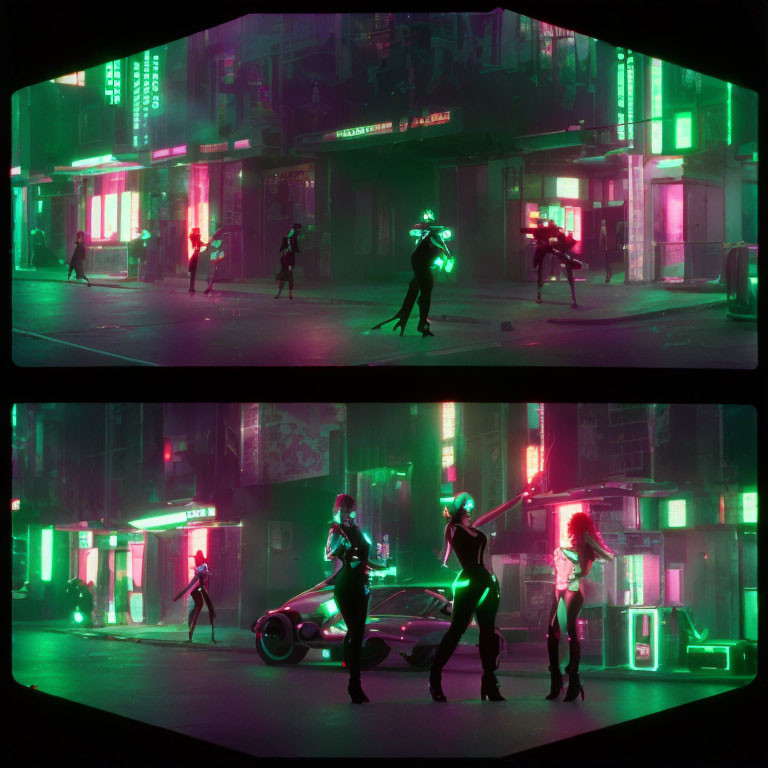 Futuristic neon-lit street scene with unique attire and glowing elements