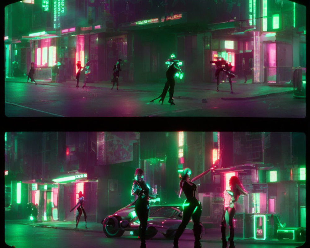 Futuristic neon-lit street scene with unique attire and glowing elements