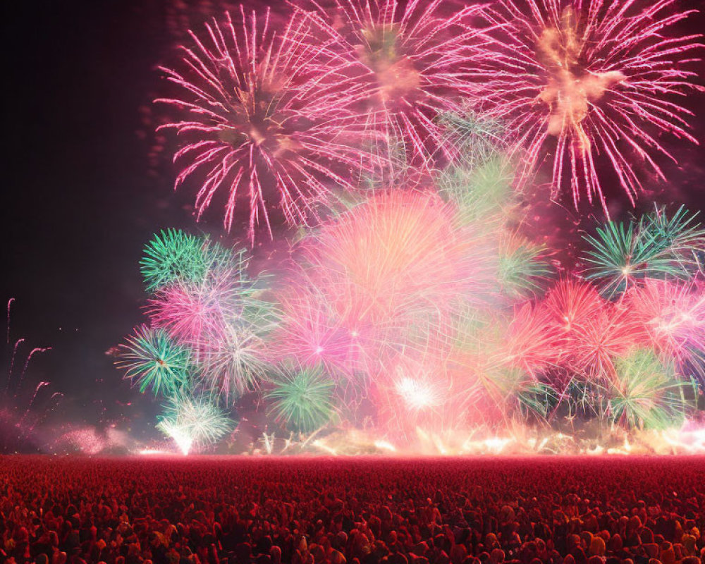 Colorful fireworks display: pink, green, and red bursts in night sky