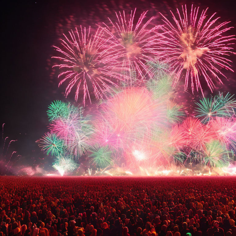 Colorful fireworks display: pink, green, and red bursts in night sky