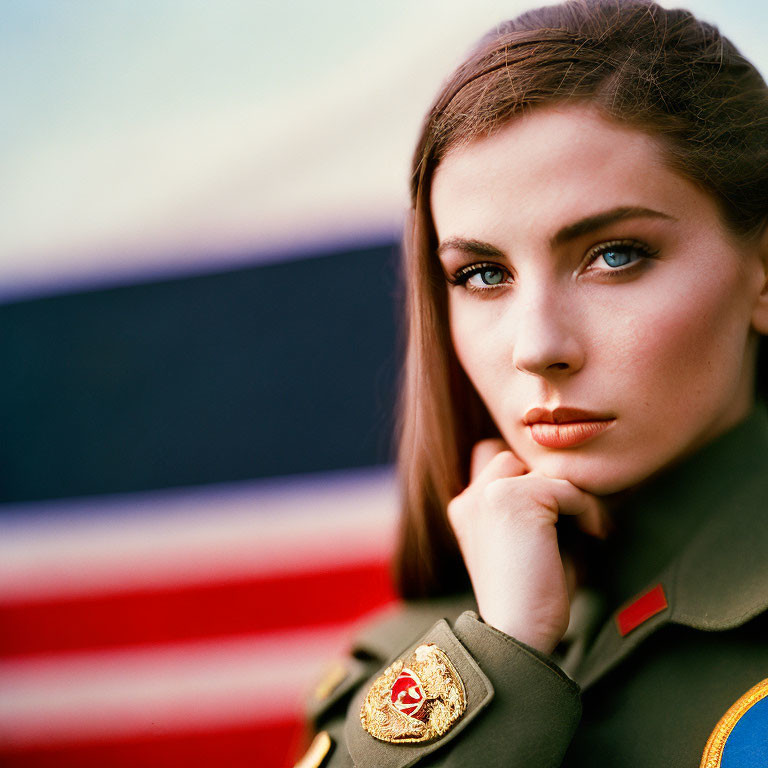 Young woman in military uniform with American flag in background