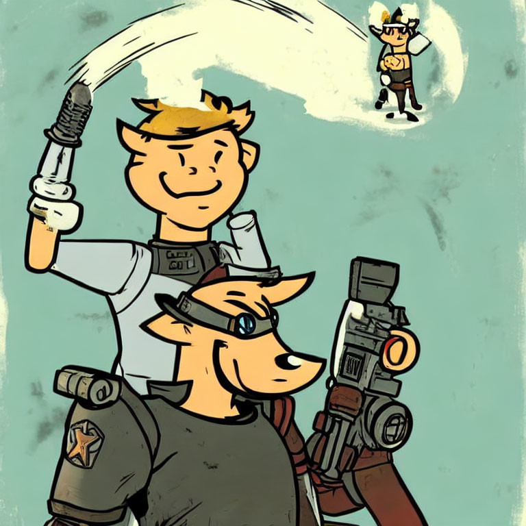 Anthropomorphic fox in sheriff's uniform with futuristic gun, human swinging scythe.