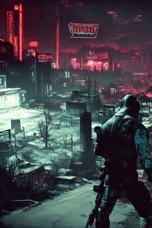 Combat suit figure observes neon-lit dystopian cityscape at night