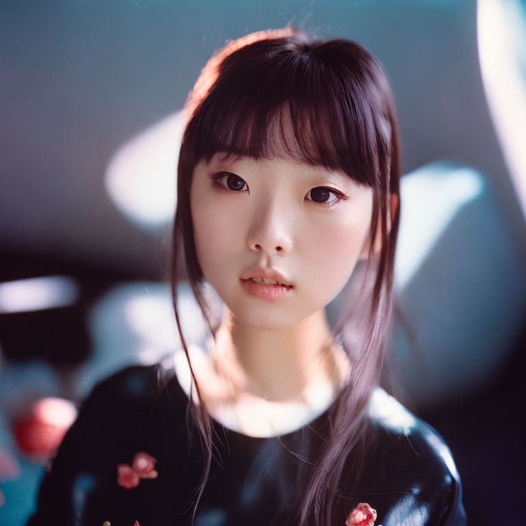 Portrait of young woman with dark hair in floral top and soft lighting