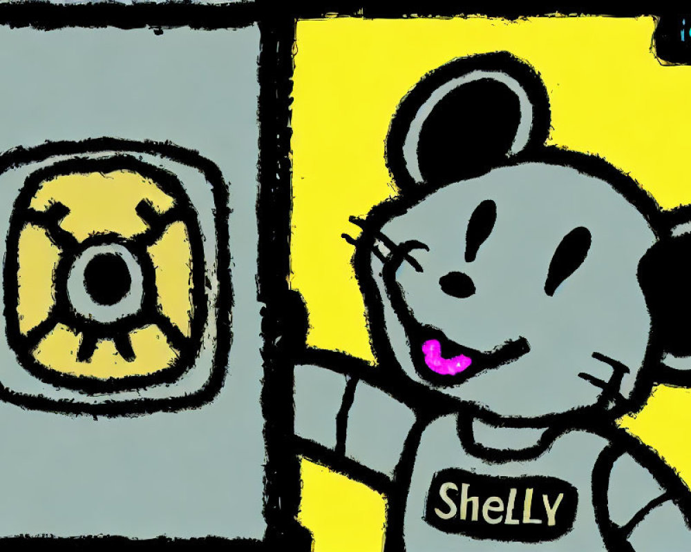 Cartoon mouse named Shelly taking a selfie with phone on yellow background