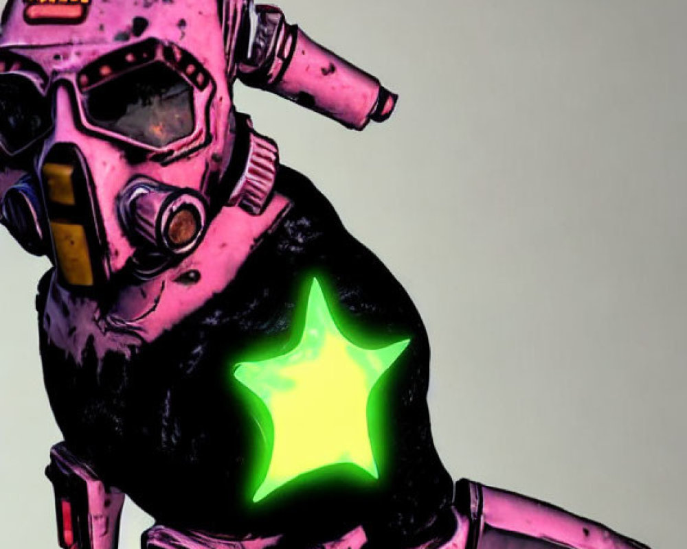 Stylized character in pink space suit with green star, futuristic helmet and visor