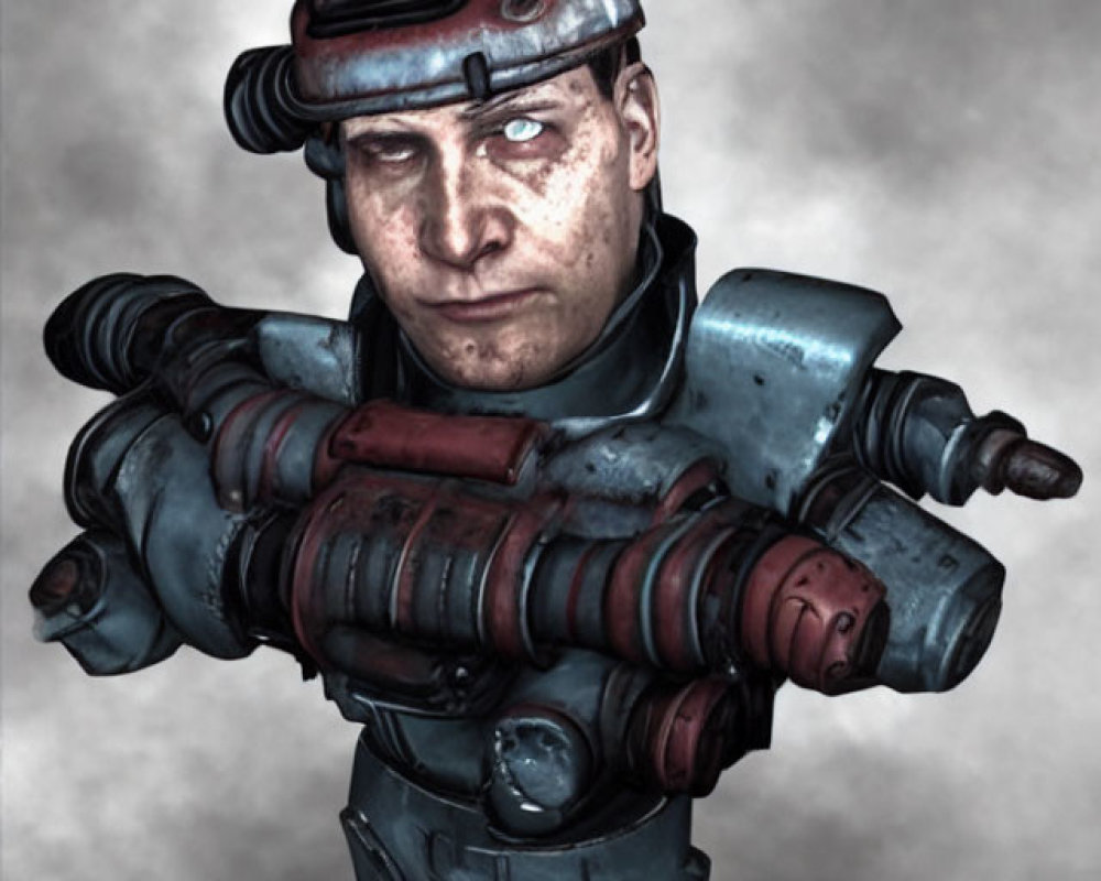 Futuristic digital artwork of man in industrial worker costume