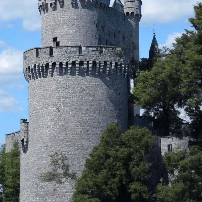 Medieval stone castle with round towers and crenellations under blue sky