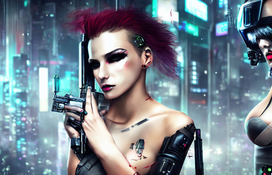 Futuristic digital artwork of two women with cybernetic enhancements and guns in neon cityscape