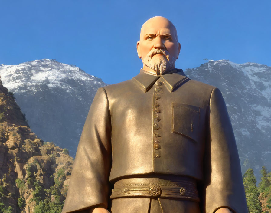 Bronze statue of bearded man in military attire with mountain backdrop