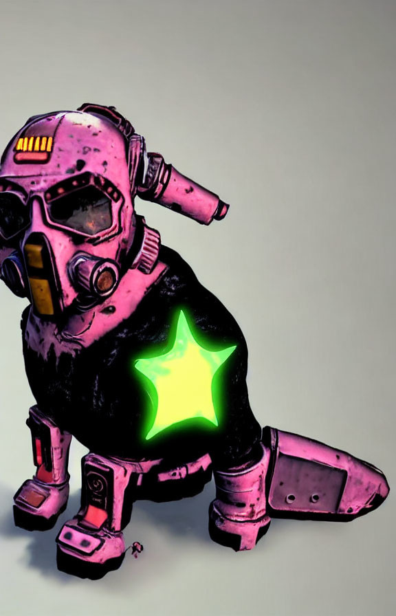 Stylized character in pink space suit with green star, futuristic helmet and visor