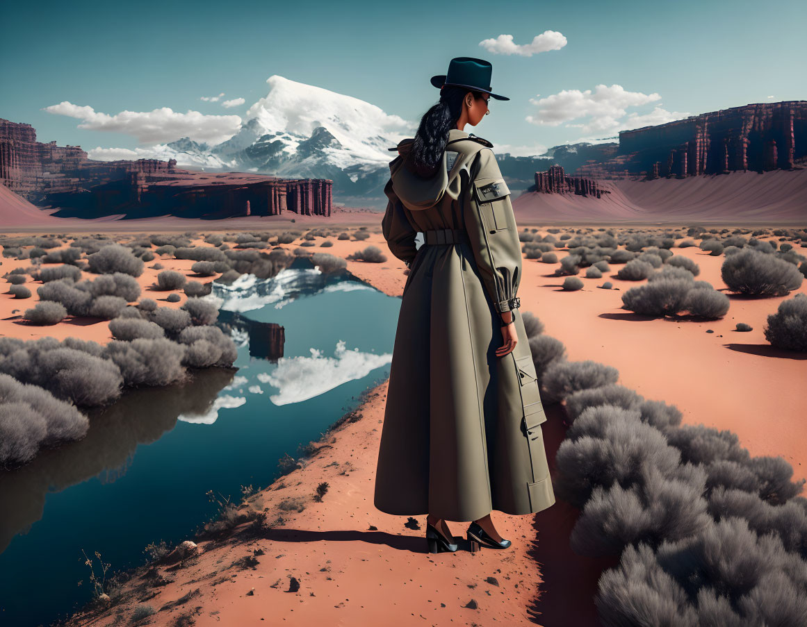 Person in trench coat and hat at desert oasis with snowy mountains.