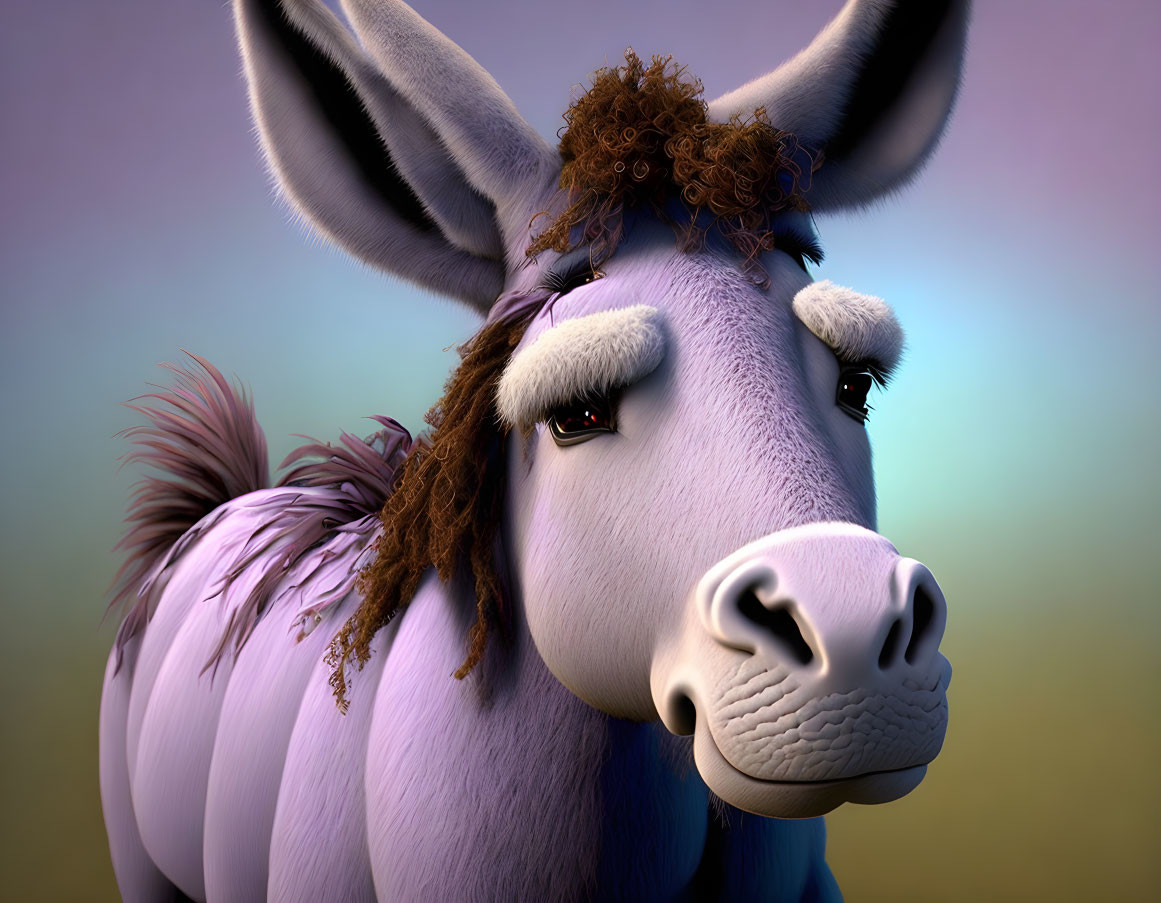 Cartoon donkey with purple fur and expressive eyes in 3D render