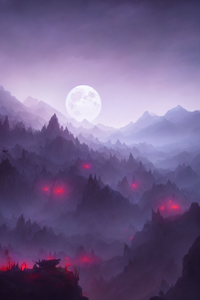 Mystical landscape with moon, purple haze, and red glows