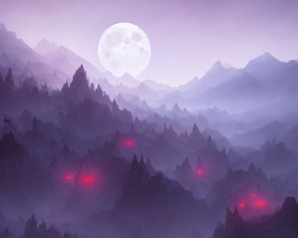 Mystical landscape with moon, purple haze, and red glows