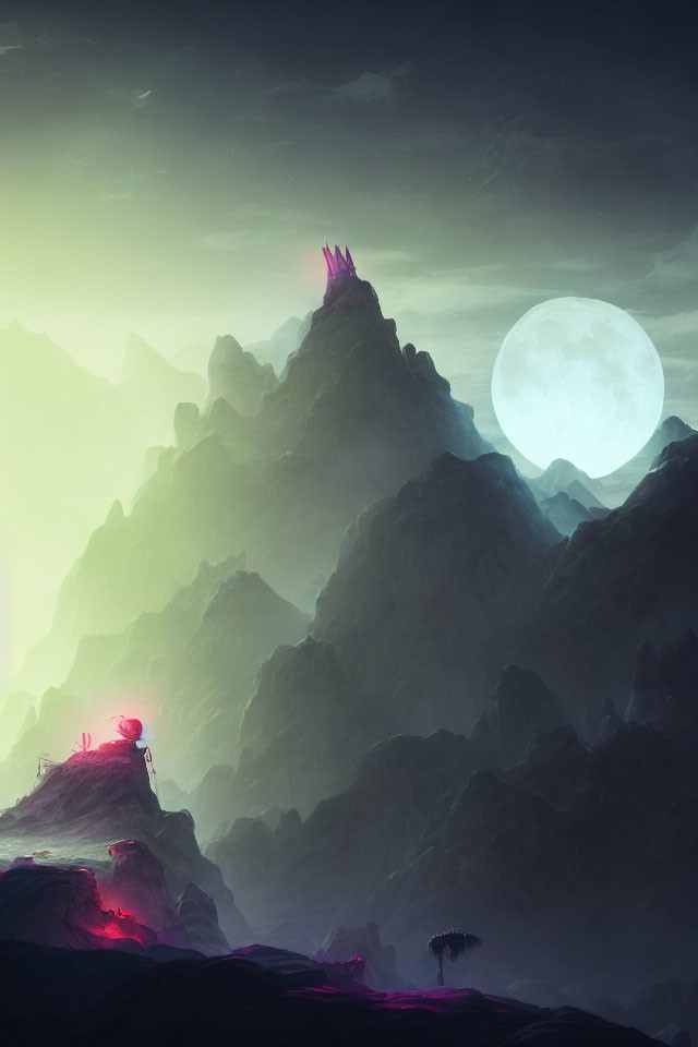 Mystical landscape with jagged mountains under a moonlit sky