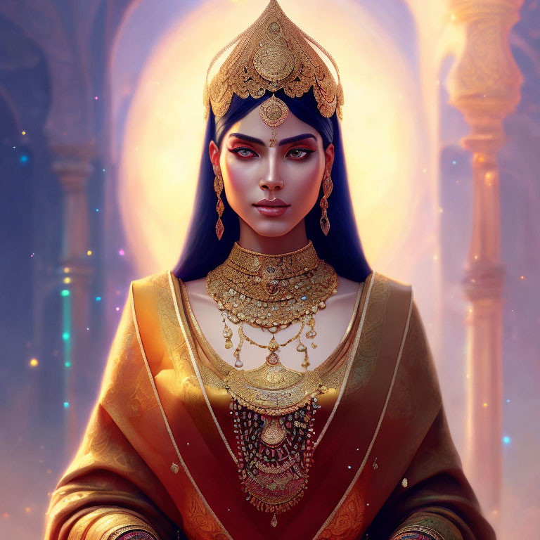 Regal woman with blue skin in Indian attire and gold jewelry on warm backdrop