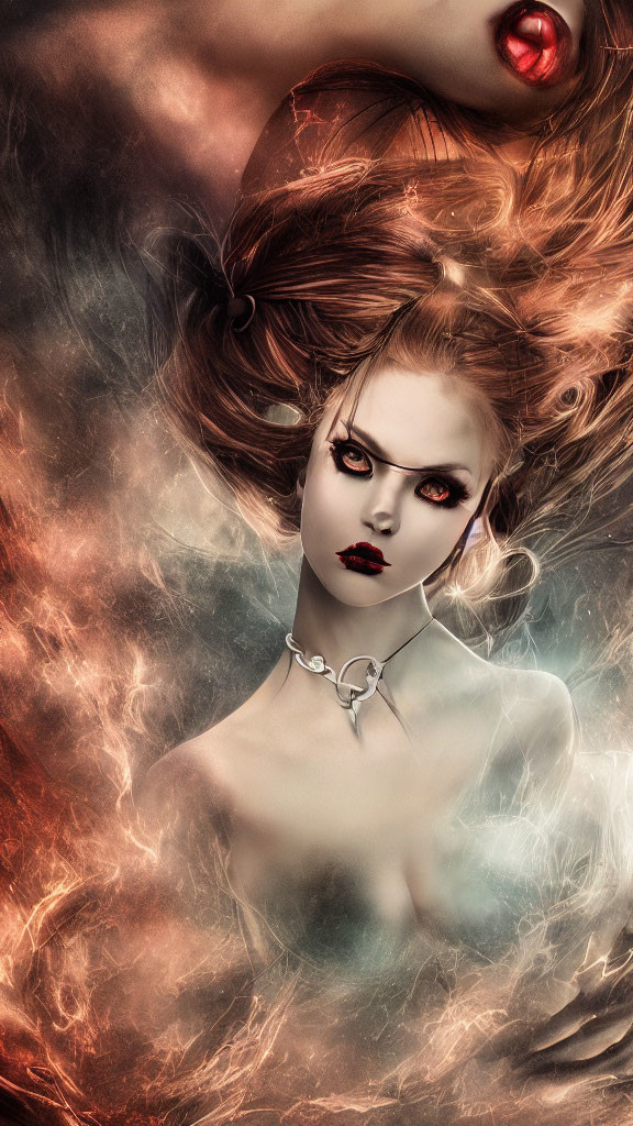 Vibrant depiction of woman with red hair and bold makeup on fiery backdrop