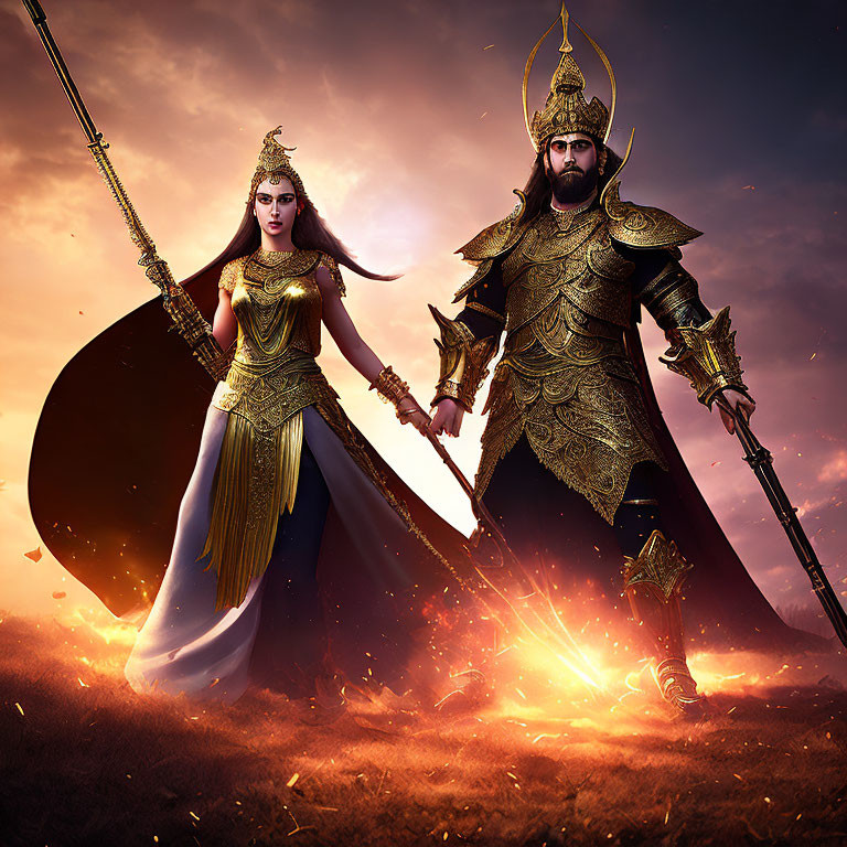 Warrior characters in golden armor against fiery sky with spear and sword