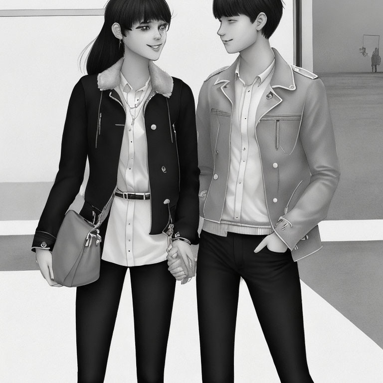 Monochrome illustration of smiling couple in stylish jackets