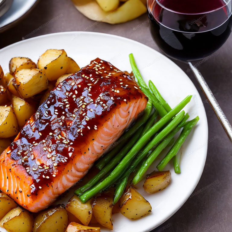 Grilled Salmon Fillet with Glaze, Roasted Potatoes, Green Beans, and Red Wine