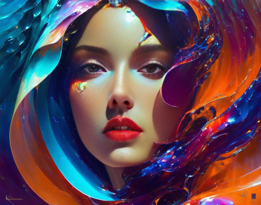 Colorful Cosmic Woman with Poised Gaze