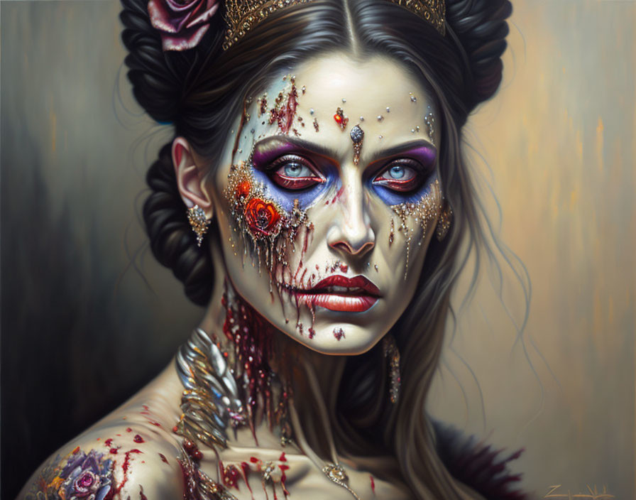 Colorful Day of the Dead sugar skull-inspired woman portrait with intricate makeup.