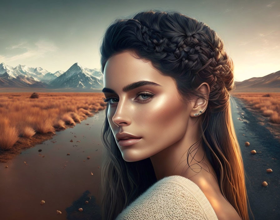 Woman with Braided Hair and Makeup Against Mountainous Landscape