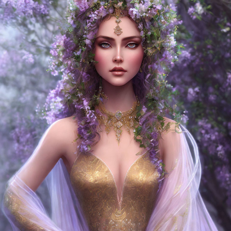 Digital artwork of woman with floral crown and ornate attire against blurred purple floral background