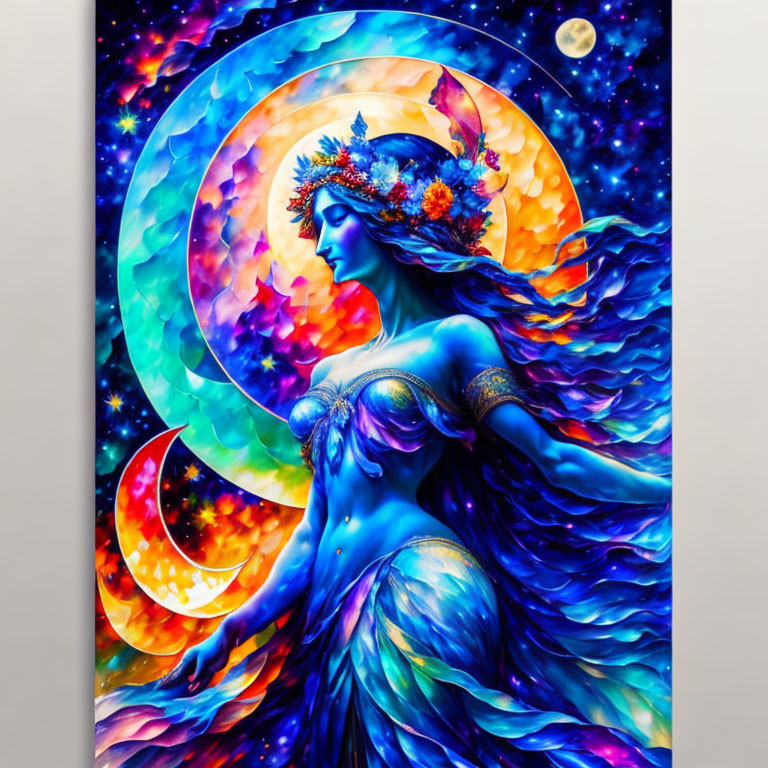 Colorful painting of mystical woman with blue skin and flowers in cosmic setting