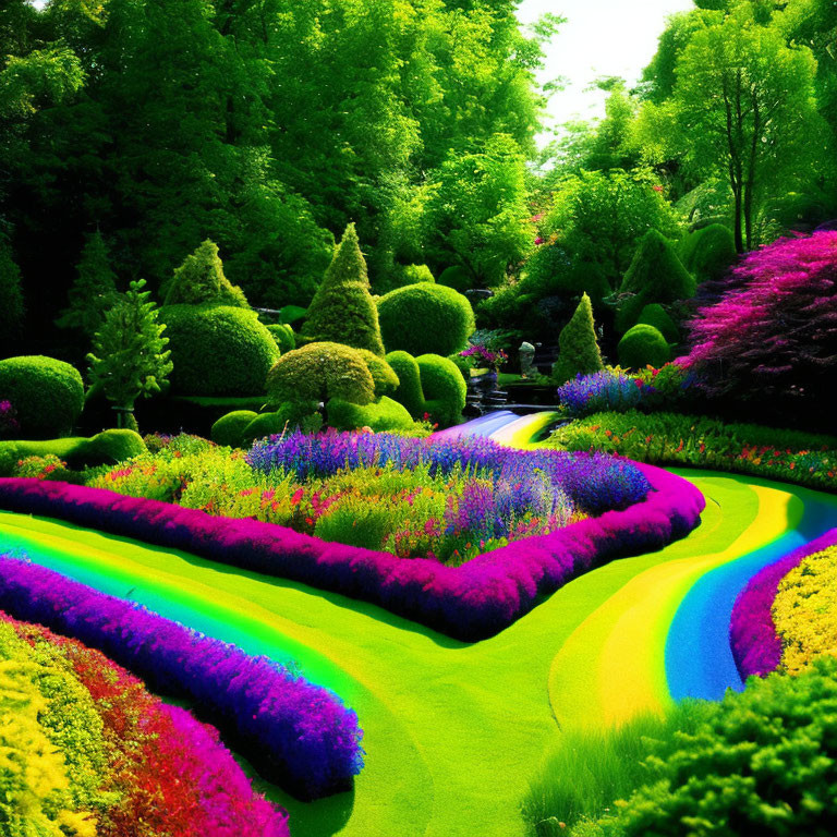 Manicured garden with colorful flower beds and small pond