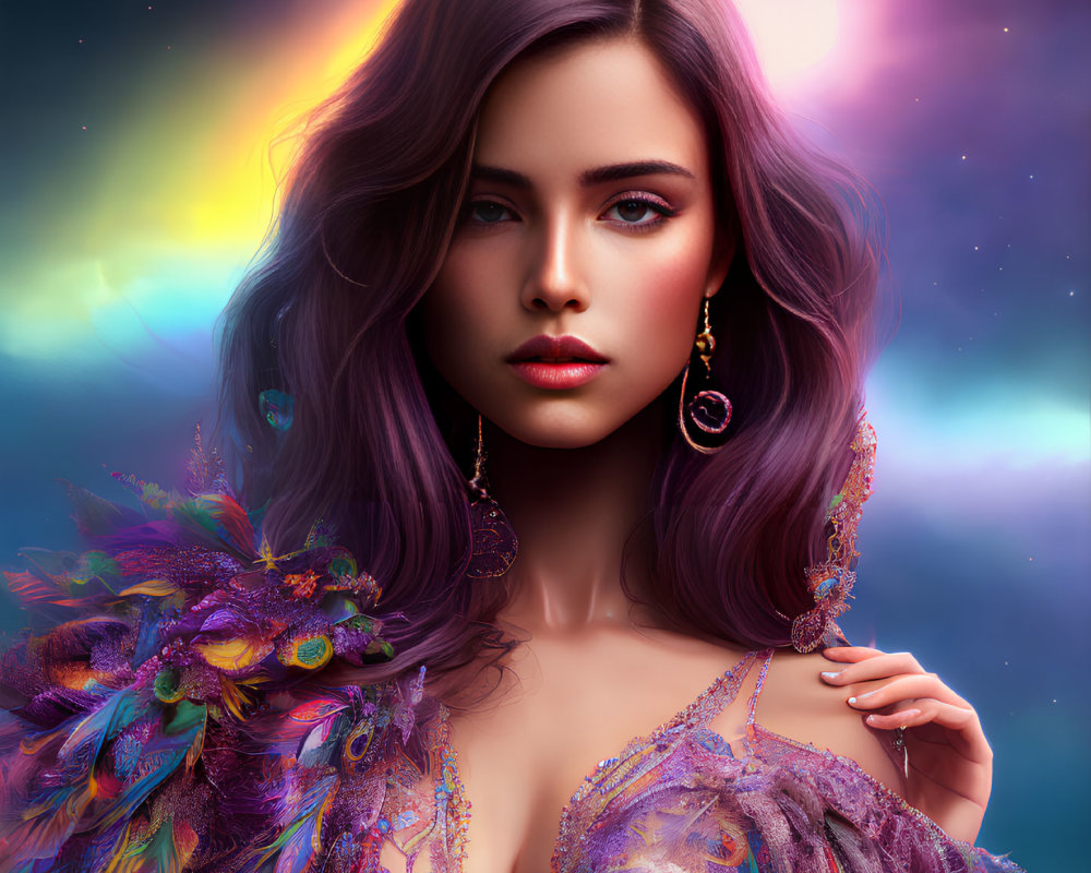 Violet-haired woman in sparkling, feather attire on cosmic backdrop