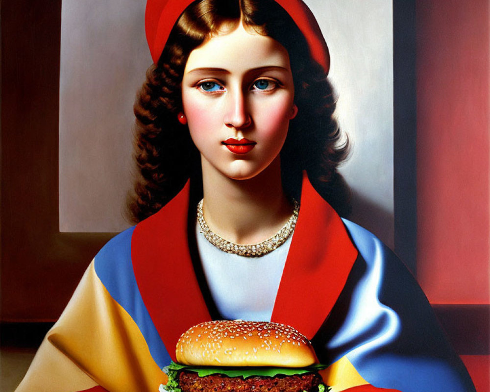 Vibrant painting of woman with red hat and blue eyes holding hamburger