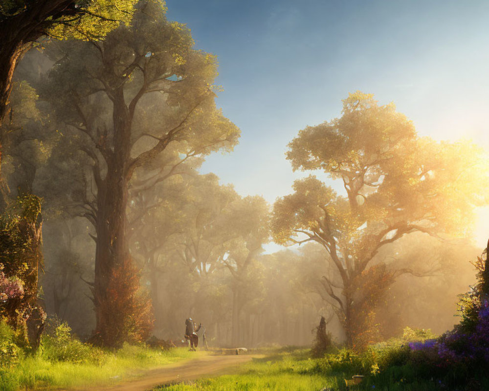 Misty forest scene with sunlight filtering through trees