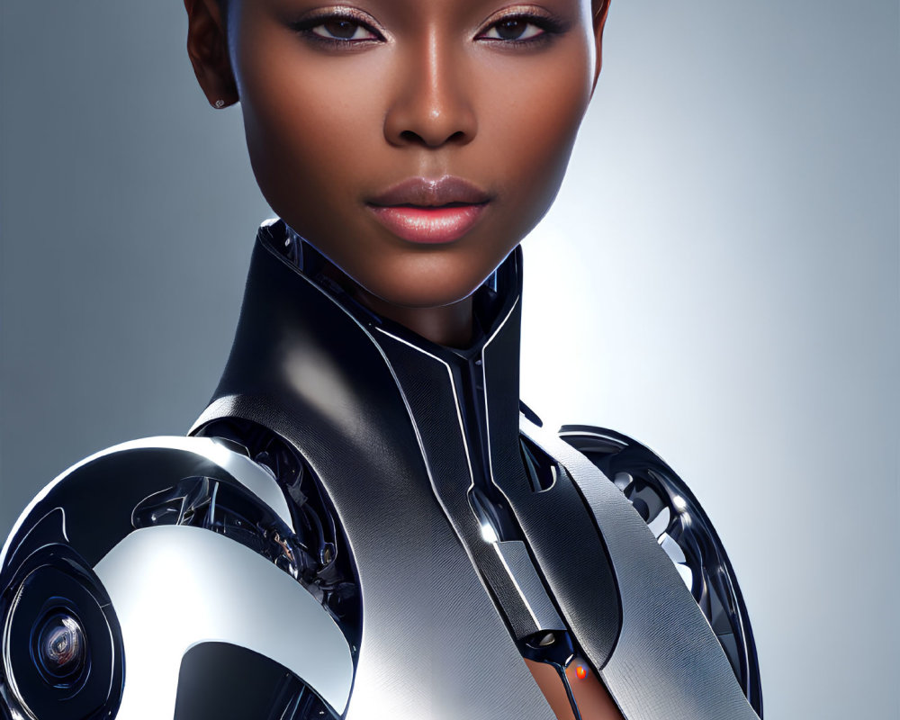 Photorealistic African woman depicted as cyborg with futuristic elements