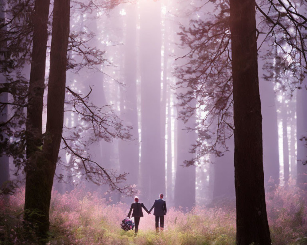 Misty forest scene with two people holding hands