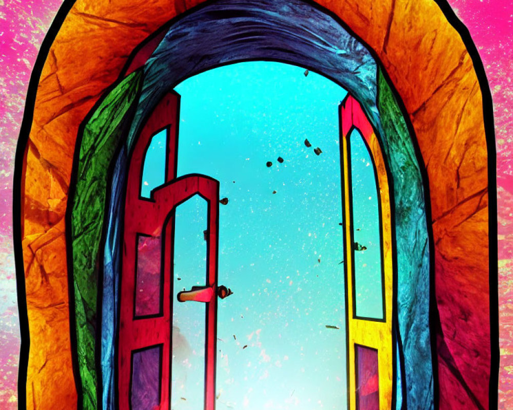 Colorful Illustration: Open Arched Doorway to Sky with Debris, Stone Frame