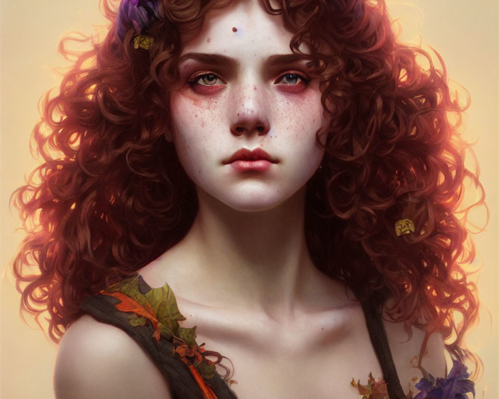 Young woman with red curly hair and freckles in digital portrait.