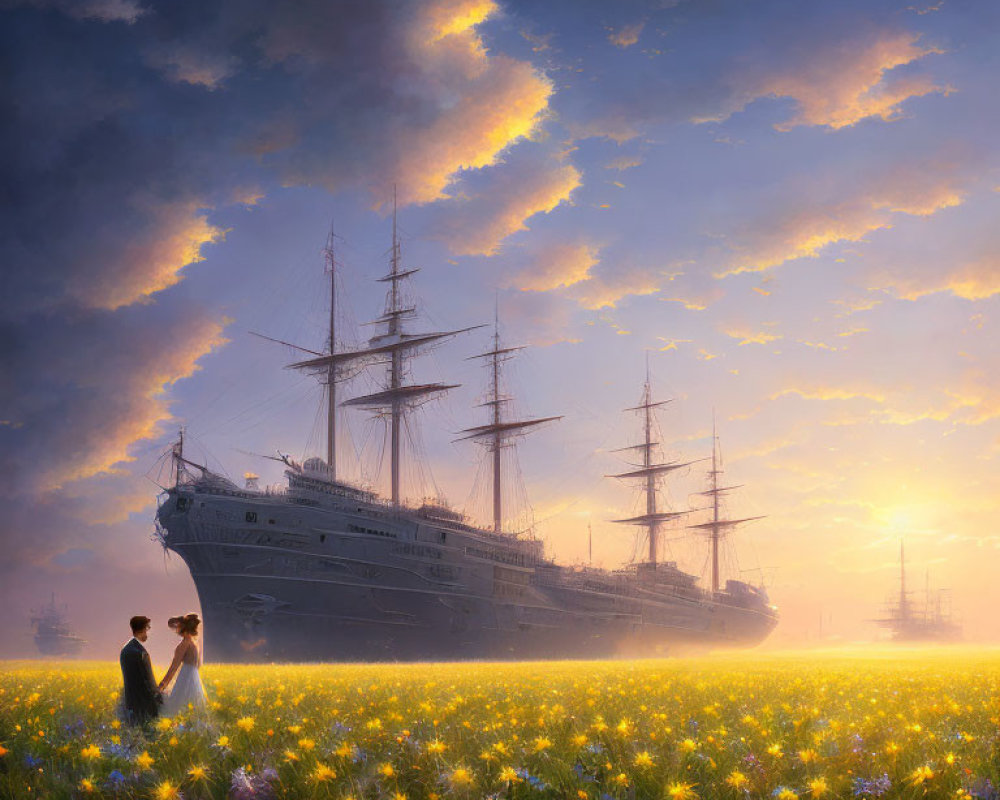 Romantic couple in glowing flower field with sailing ships at sunrise or sunset