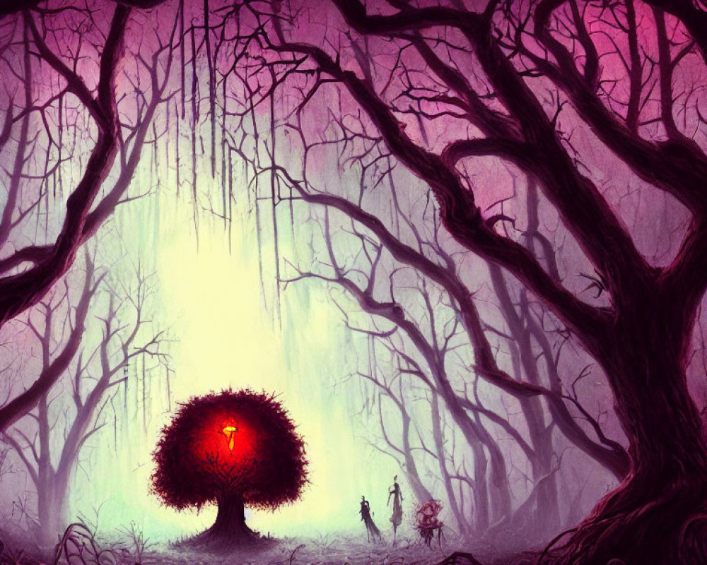 Twisted trees in eerie forest under purple sky with red glowing tree and silhouetted figures