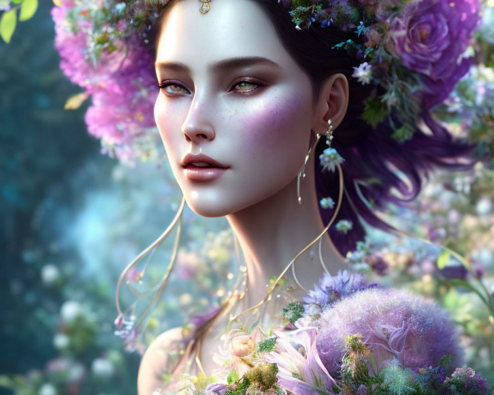 Digital portrait of woman with floral crown and jewelry against greenery backdrop