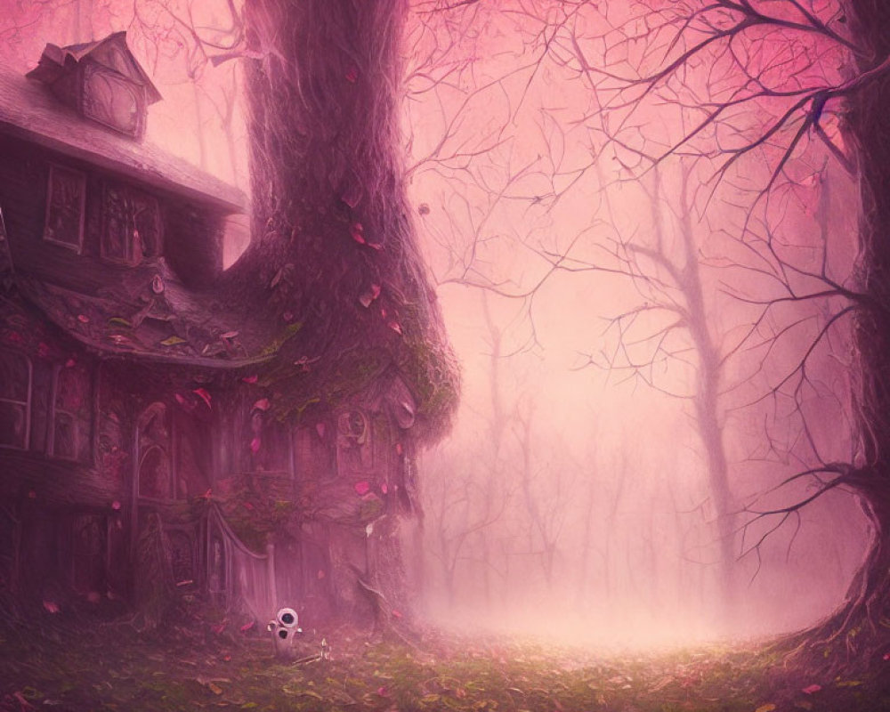 Eerie purple forest scene with twisted tree, old house, mist, and skull