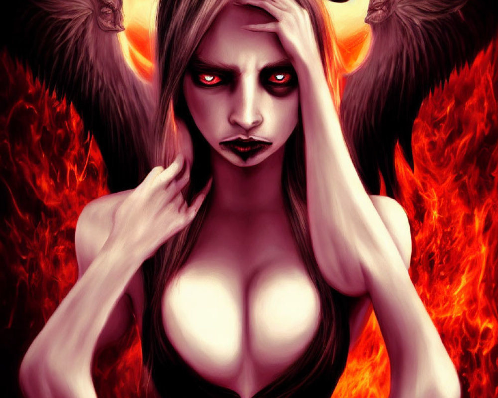 Fantasy digital art of female figure with red eyes, dark hair, ravens, and flames