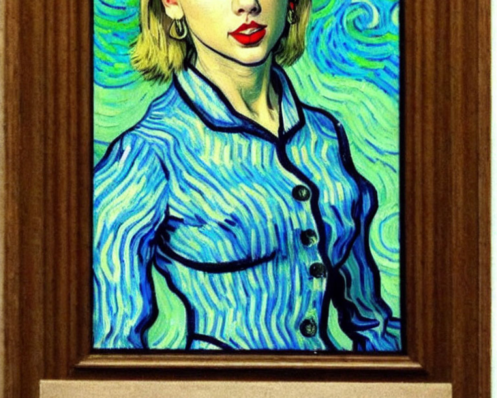 Portrait of woman in blue shirt with red lipstick in Van Gogh's "Starry Night" style