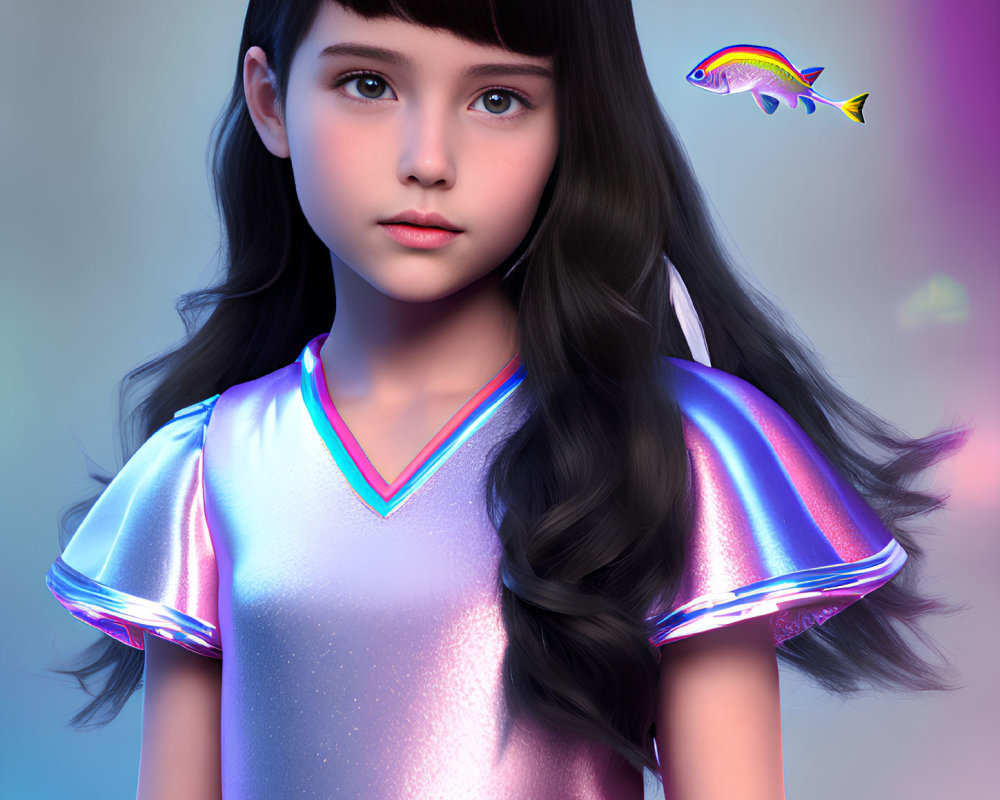 Young girl with black hair in holographic dress beside floating fish on purple background