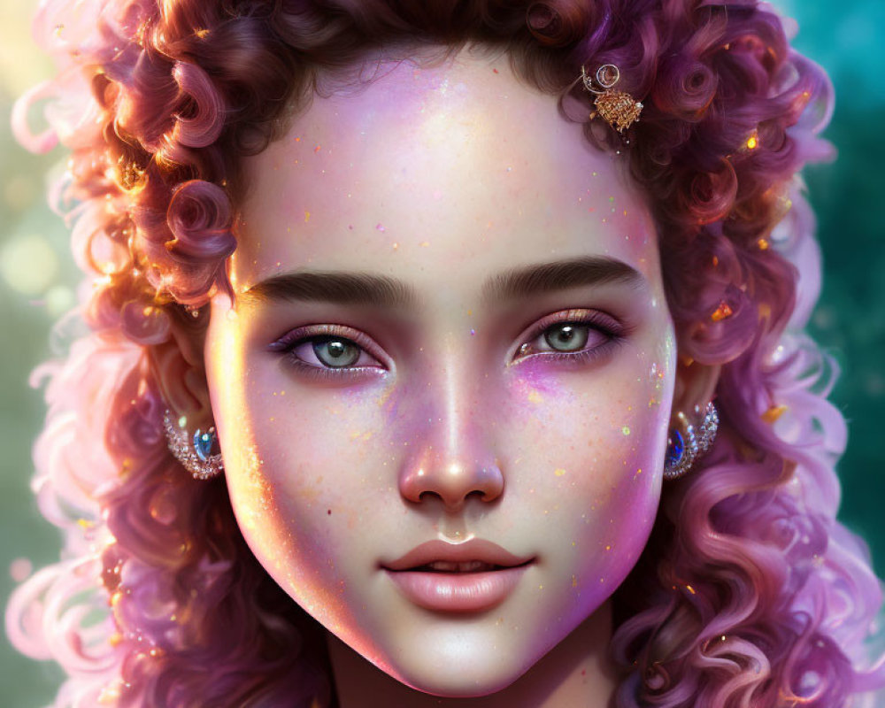 Curly-haired girl with freckled skin and bee hairpin in digital art