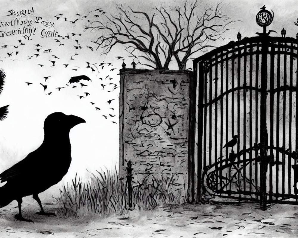 Monochrome illustration of large raven, flying ravens, barren tree, wrought iron gate, and