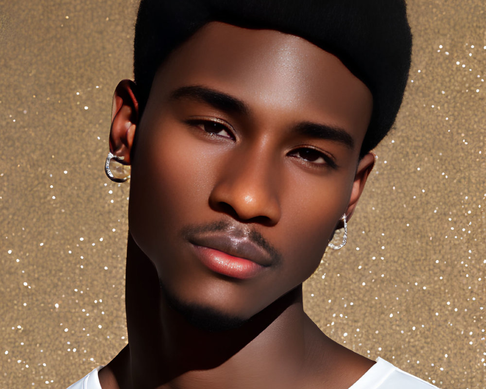 Close-up of person with high-top fade hairstyle and earrings on glittering beige background